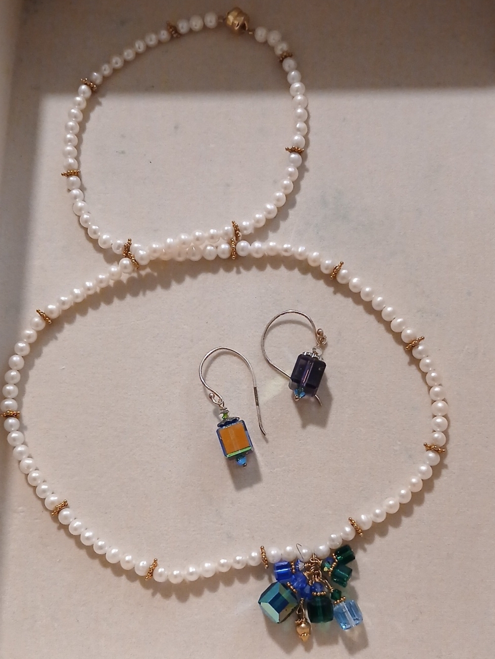 Fresh Water Pearl Necklace with Gold Accents and Multicolor Crystal Pendant